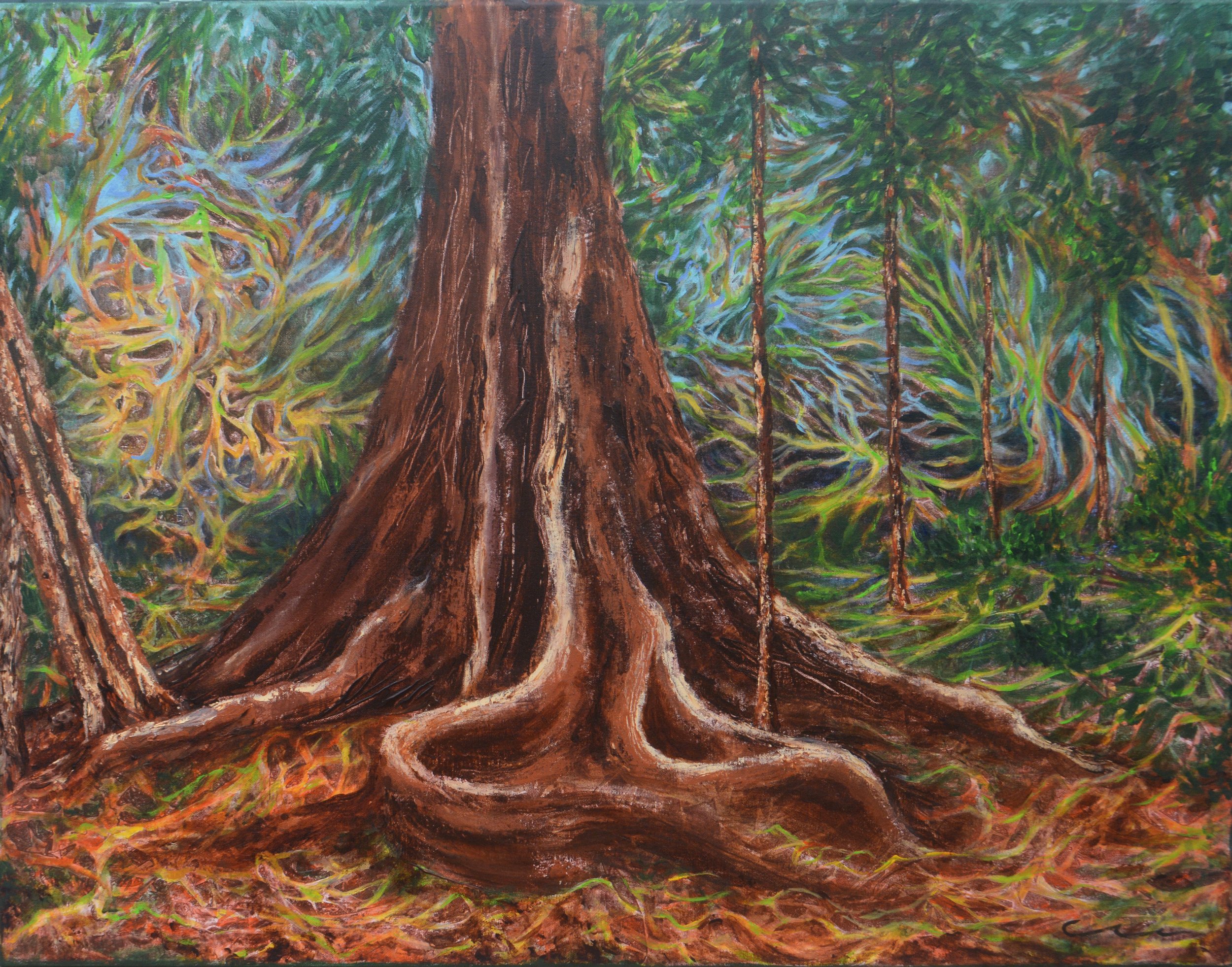 "Sumaúma: Árvore Mãe da Floresta". Pintura acrílica sobre tela, 70 x 90 cm, 2024. Cláudia Matoos.