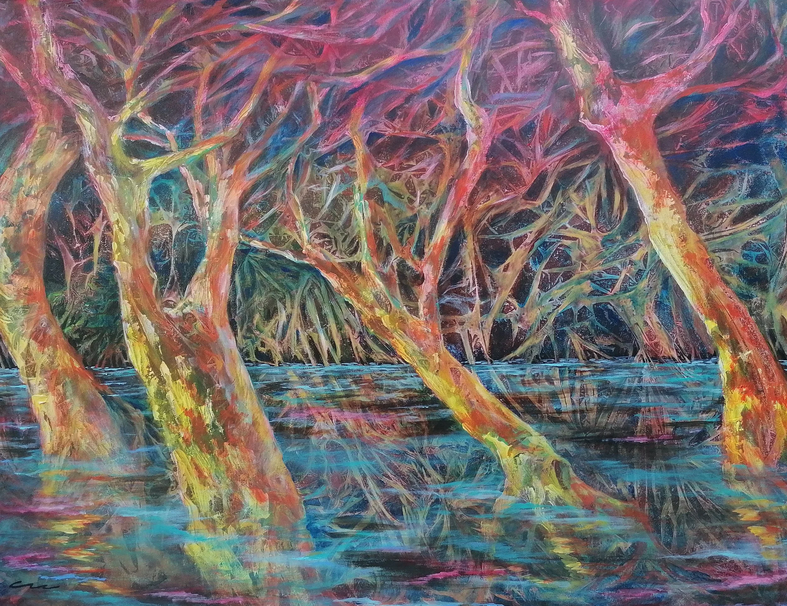 "Overcoming together". Pintura acrílica sobre tela, 70 x 90 cm, 2023. Cláudia Matoos.