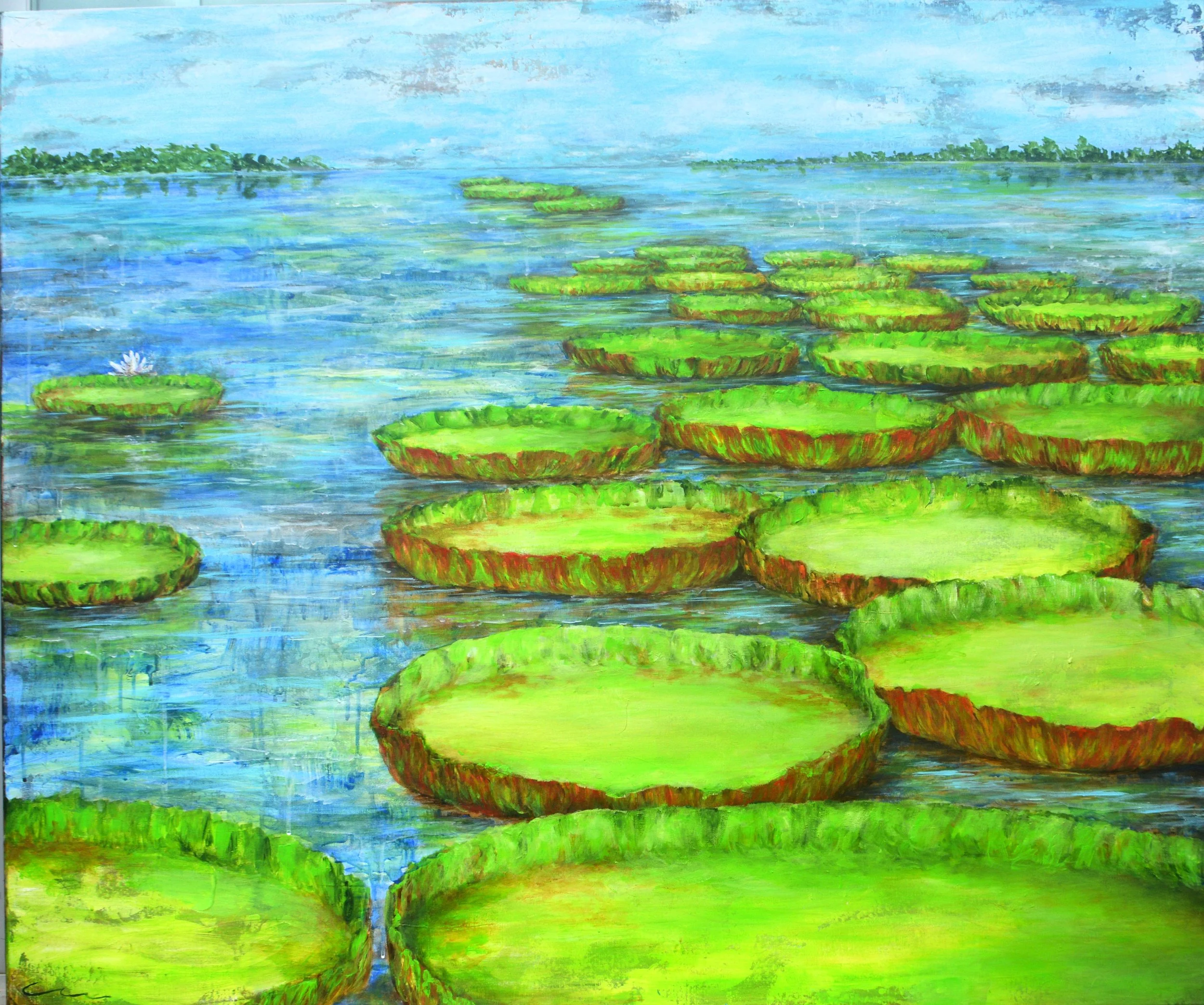 "Águas da Amazônia: Vitória Régia". Pintura acrílica sobre tela, 100 x 120 cm, 2023. Cláudia Matoos.