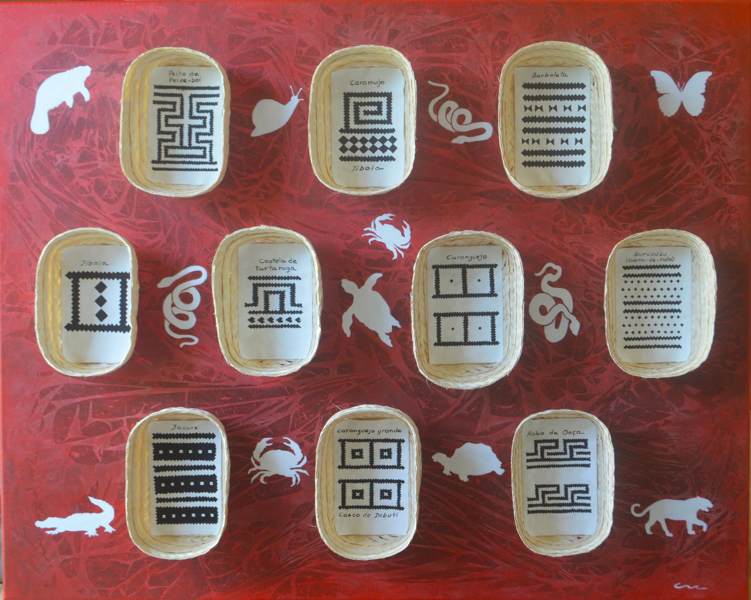 "Amazônia Mítica". Pintura acrílica sobre tela em técnica mista com cestaria, 80 x 100 cm, 2024. Cláudia Matoos.