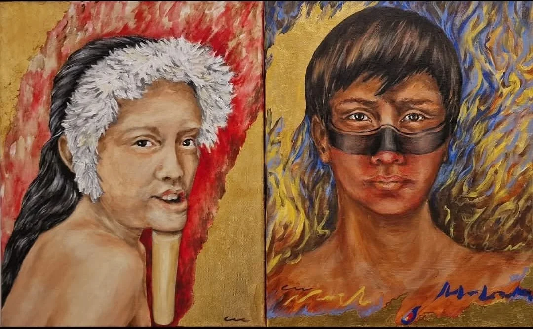 "Povos Indígenas: o Verdadeiro Ouro do Brasil".  Díptico, pintura acrílica sobre tela, 66 x 41 cm, 2024. Cláudia Matoos.