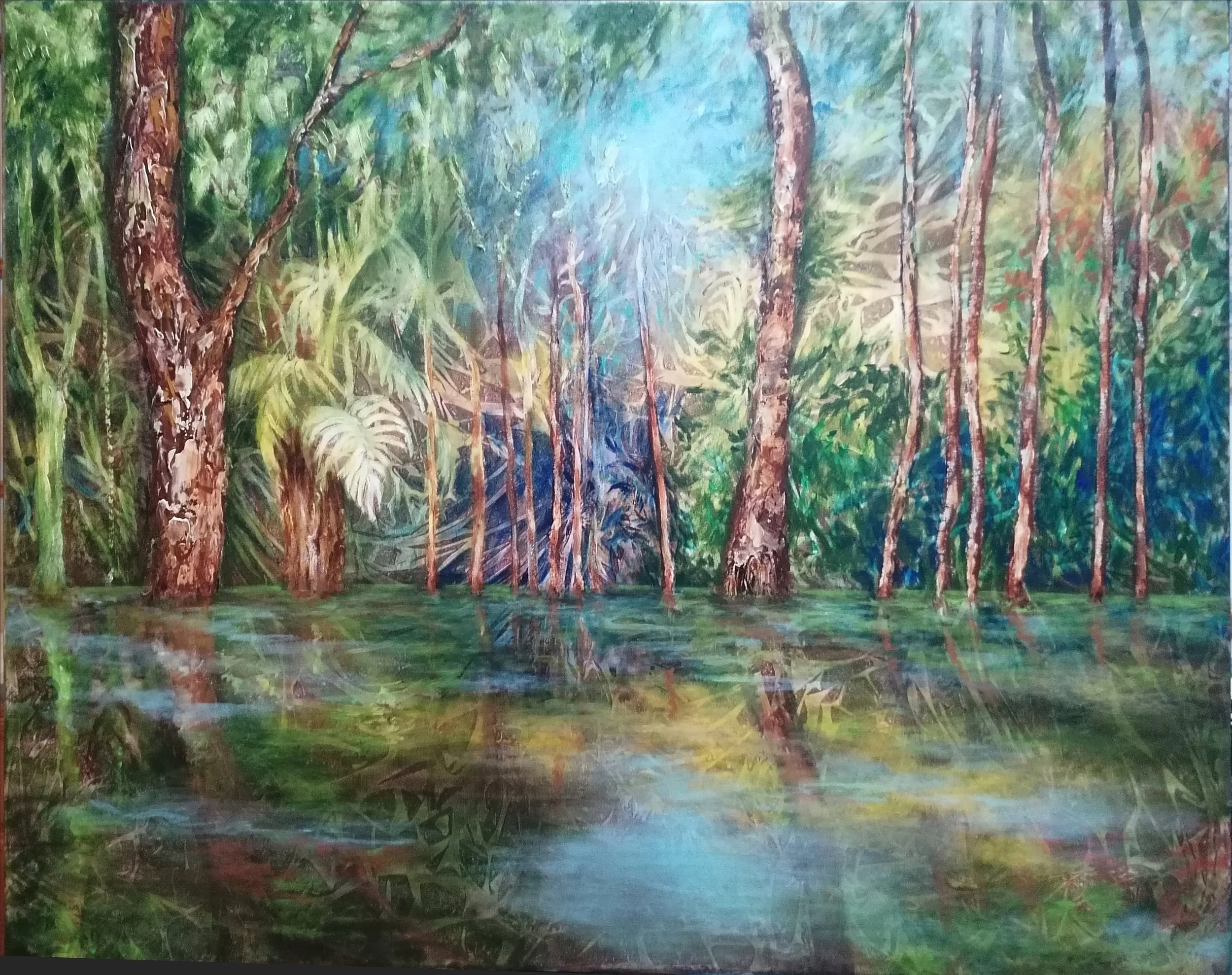 "Amazônia: Paraíso Fluido" . Pintura acrílica sobre tela, 70 x 90 cm, 2024. Cláudia Matoos.