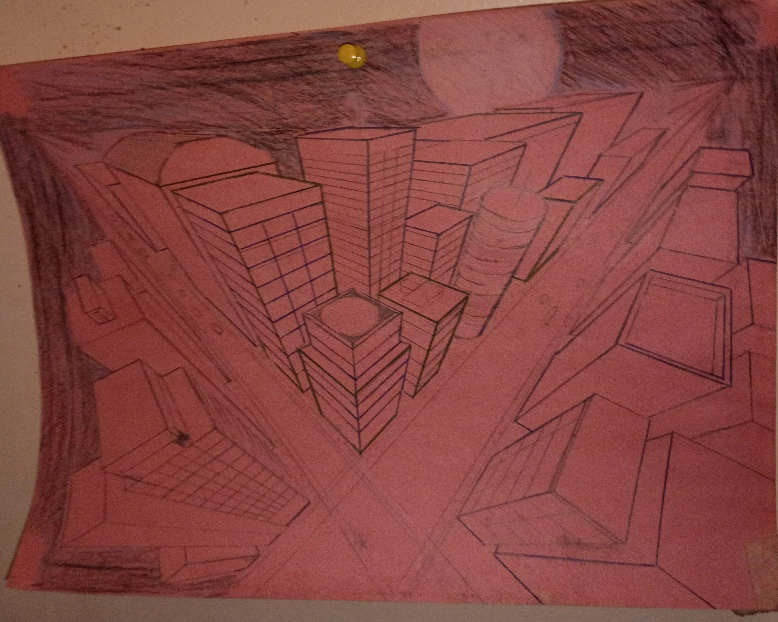 Work In Progress--a city in 3 point perspective. I'm not sure when I will finish it, and since I put it on my wall, I guess it's already done...