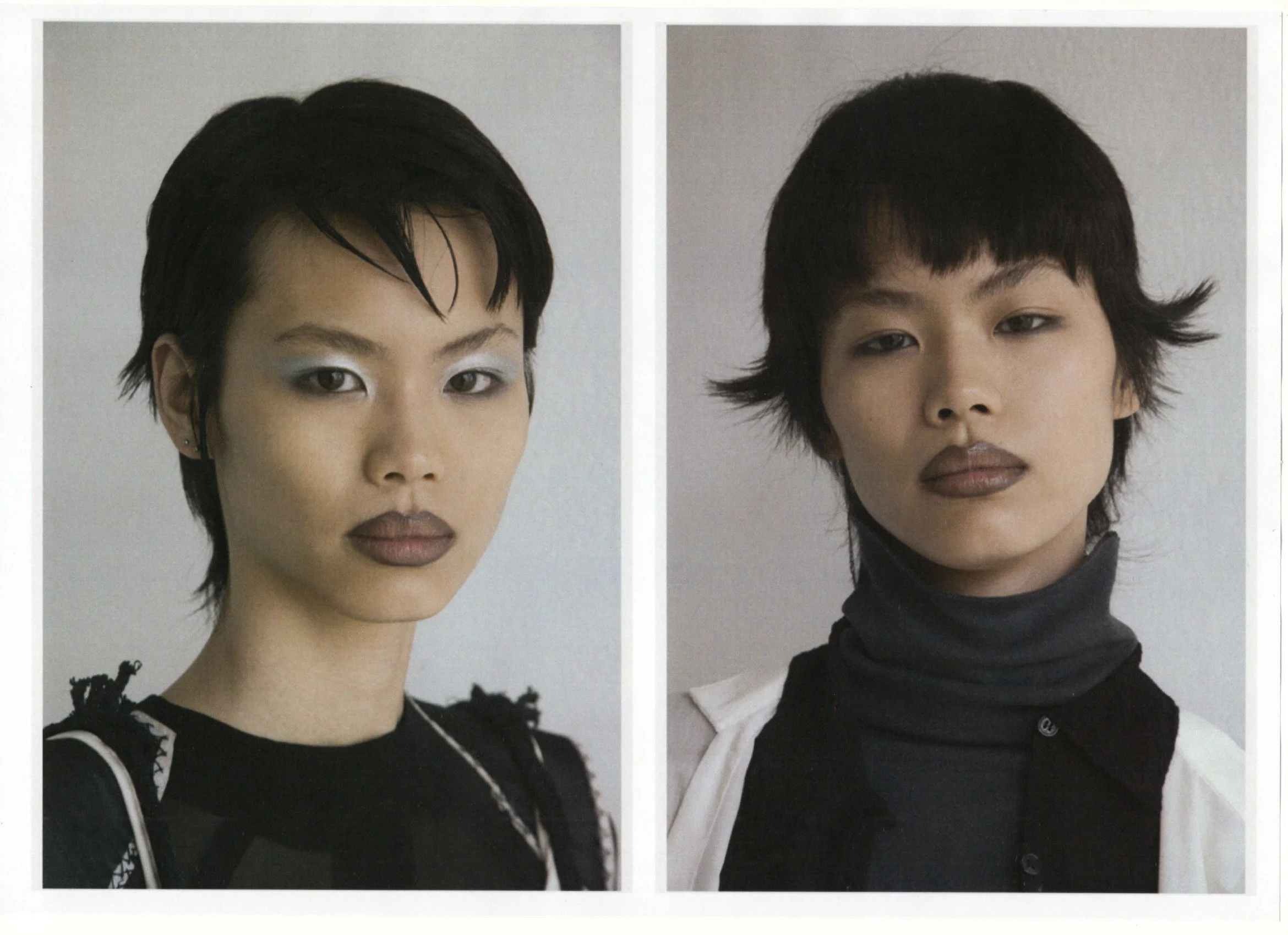 Two portraits of women with short, dark hairstyles and makeup, against a neutral background.