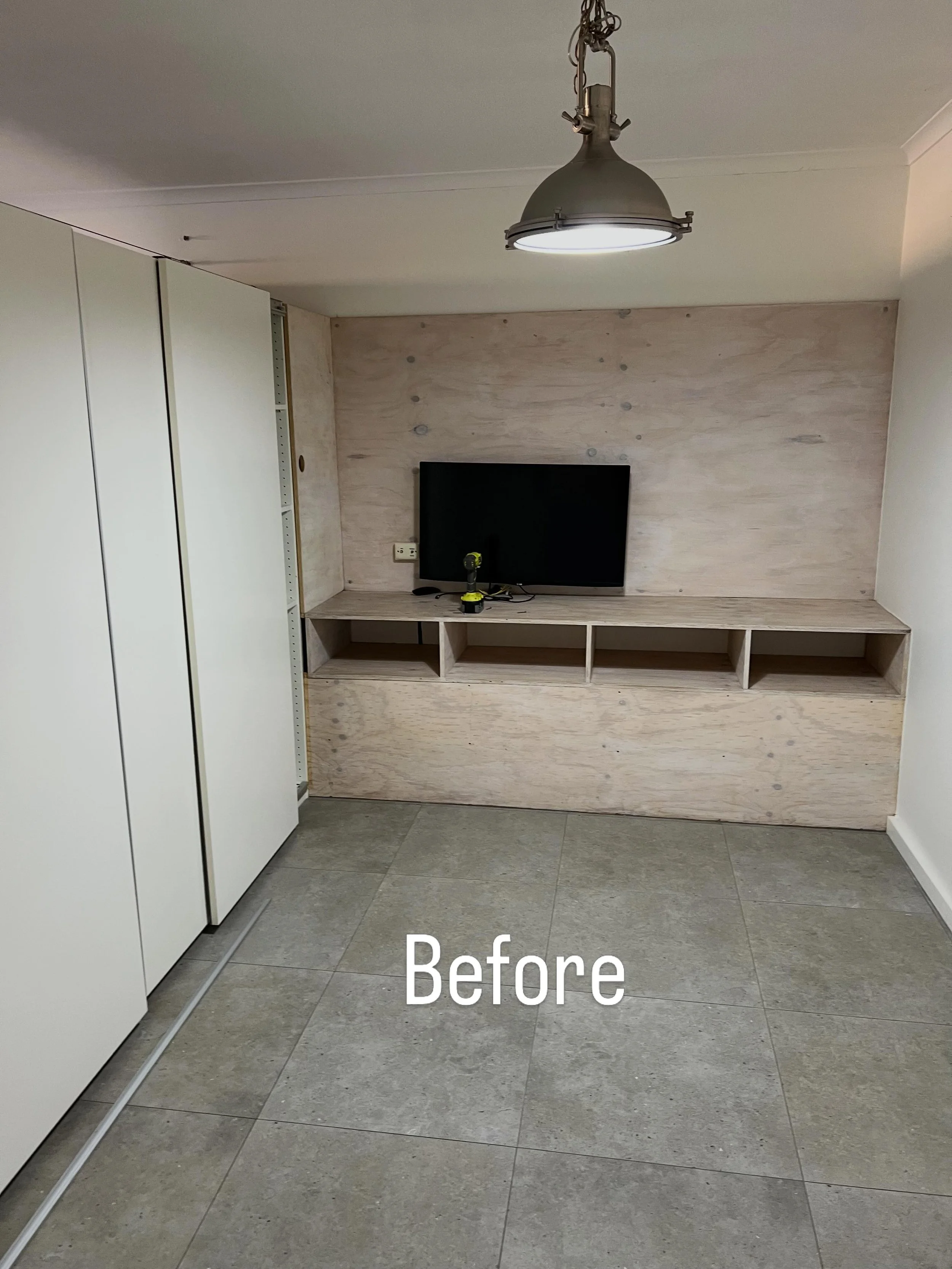 Before and after. Still a work in progress though. This is a challenging room at home because it needs to be an office, guest room and TV / Movie room eventually. Got to use many skills here. Carpentry, painting, tiling , welding and wallpapering. 

