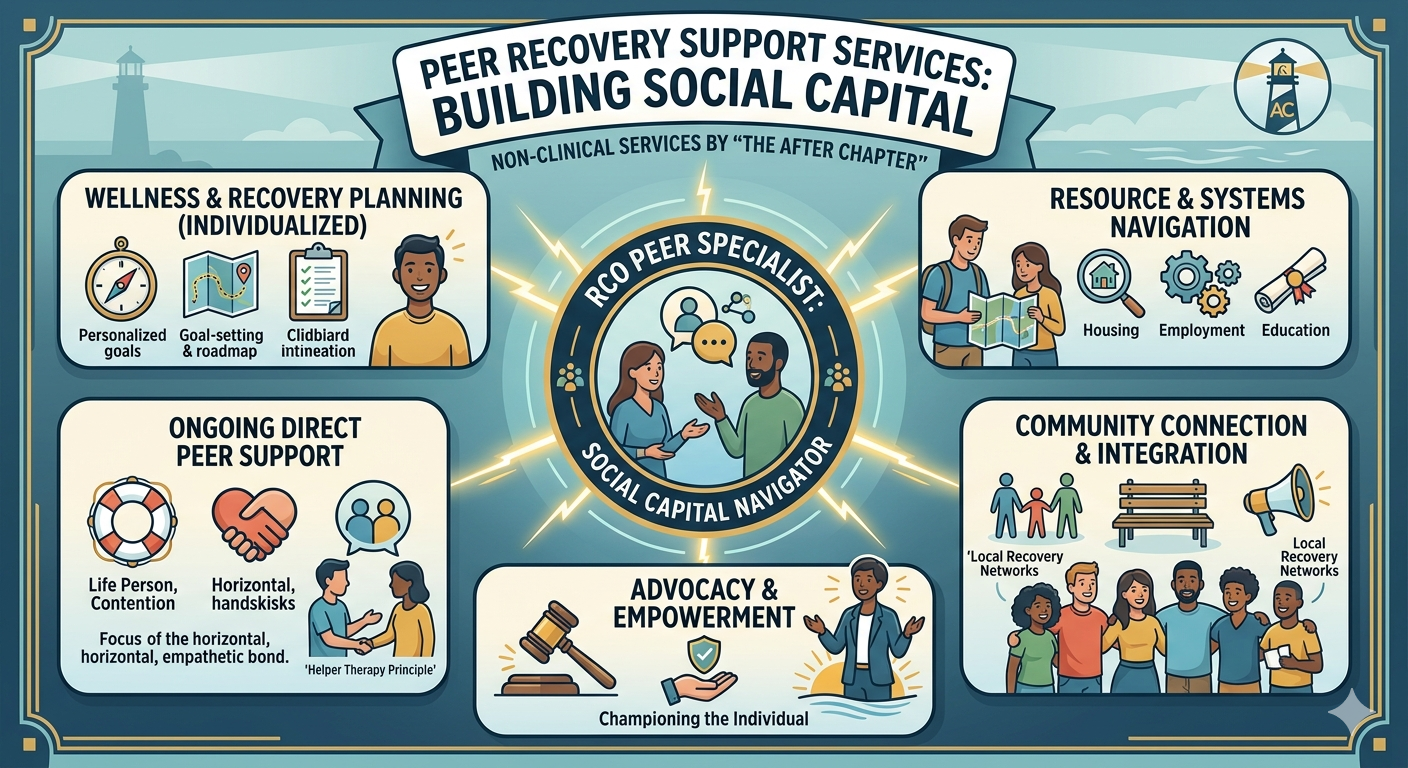 Diagram illustrating peer recovery support services for building social capital, including wellness and recovery planning, resource navigation, ongoing peer support, community connection, and advocacy, centered around an RCO peer specialist.