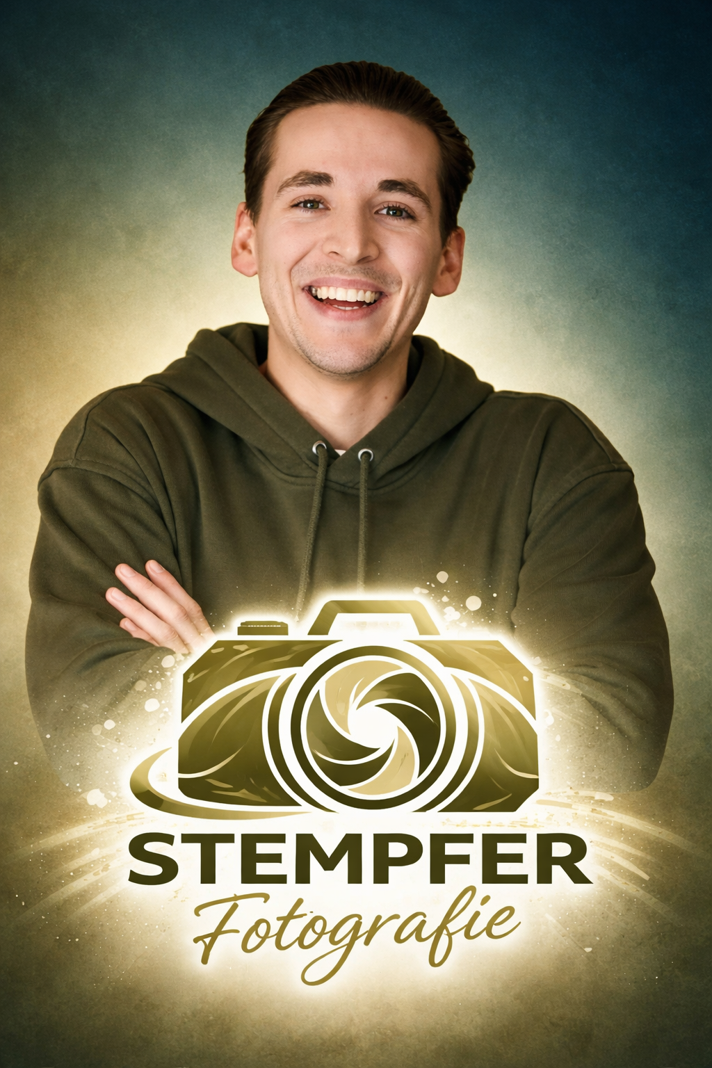 Ein lachender junger Mann trägt eine grüne Kapuzenjacke und steht vor einem farbigen Hintergrund. Über seinem Bild schwebt ein leuchtendes Kamera-Logo mit dem Text "STEMPFER Fotografie".