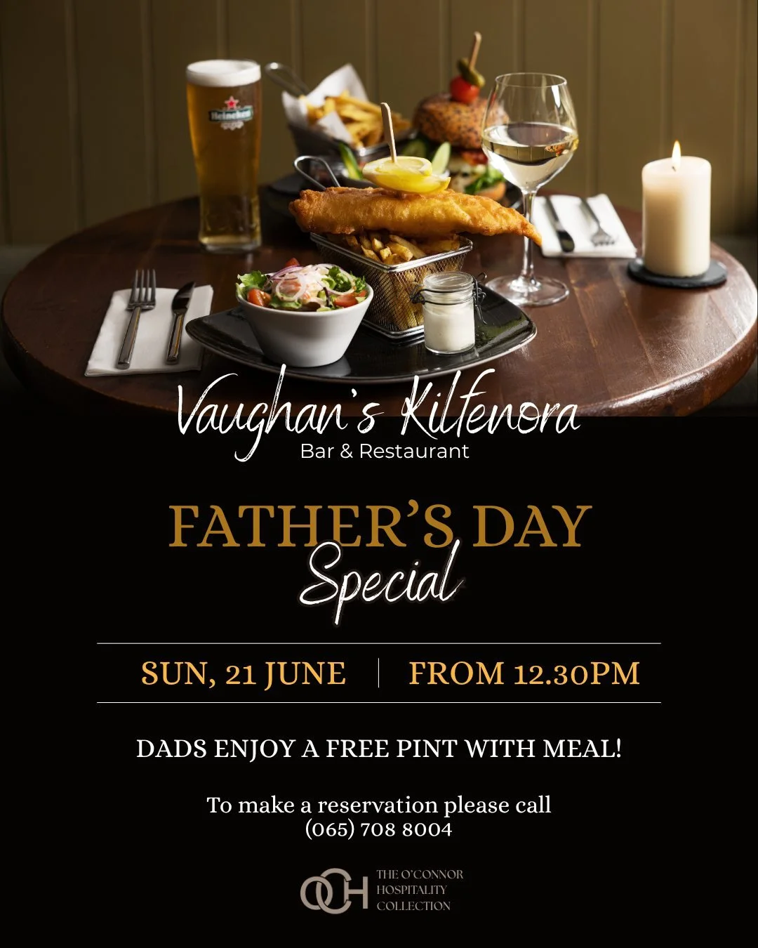 🍻 Father's Day at Vaughan's 🍻

Treat Dad this Father's Day with great food, good company, and a well-earned pint on us!

Book a table in our restaurant for Father's Day and every dad will enjoy a FREE pint with their meal. 🍺

Gather the family, re