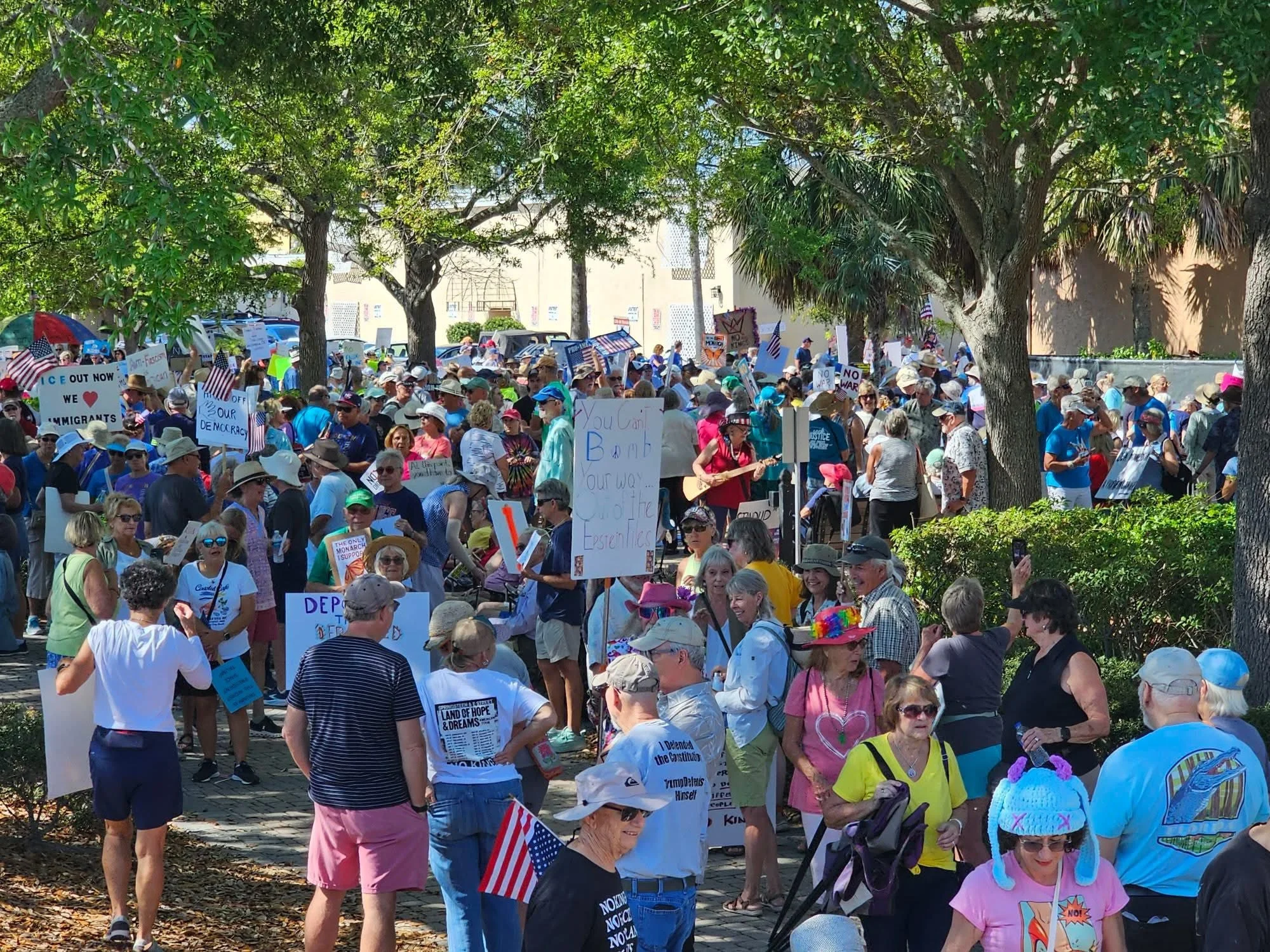 A large group of protesters gathered on a sidewalk holding signs supporting justice, democracy, and anti-kings, with some signs reading "No Kings," "Justice for All," and "Protect Due Process." Trees and parked vehicles are in the background.