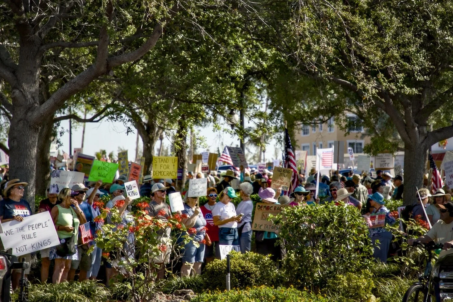 A group of protesters holding signs on a street corner in daylight, with trees, parked cars, and a building in the background.