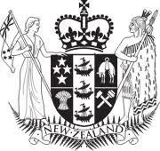 The New Zealand coat of arms featuring a shield with symbols, a woman representing liberty holding a flag, and a Maori woman, with a crown above and a ribbon with the text 'NEW ZEALAND' at the bottom.