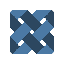 A geometric, interwoven pattern made of dark blue and light blue shapes forming a woven square design.