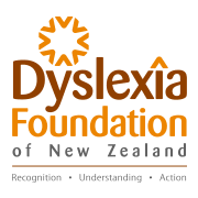 Logo of Dyslexia Foundation of New Zealand with orange and brown text and symbols.