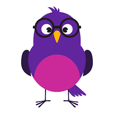 A cartoon purple and pink owl wearing black glasses.