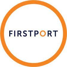 Firstport logo with an orange circle and the word 'FIRSTPORT' in dark blue letters, with the letter 'O' in orange.