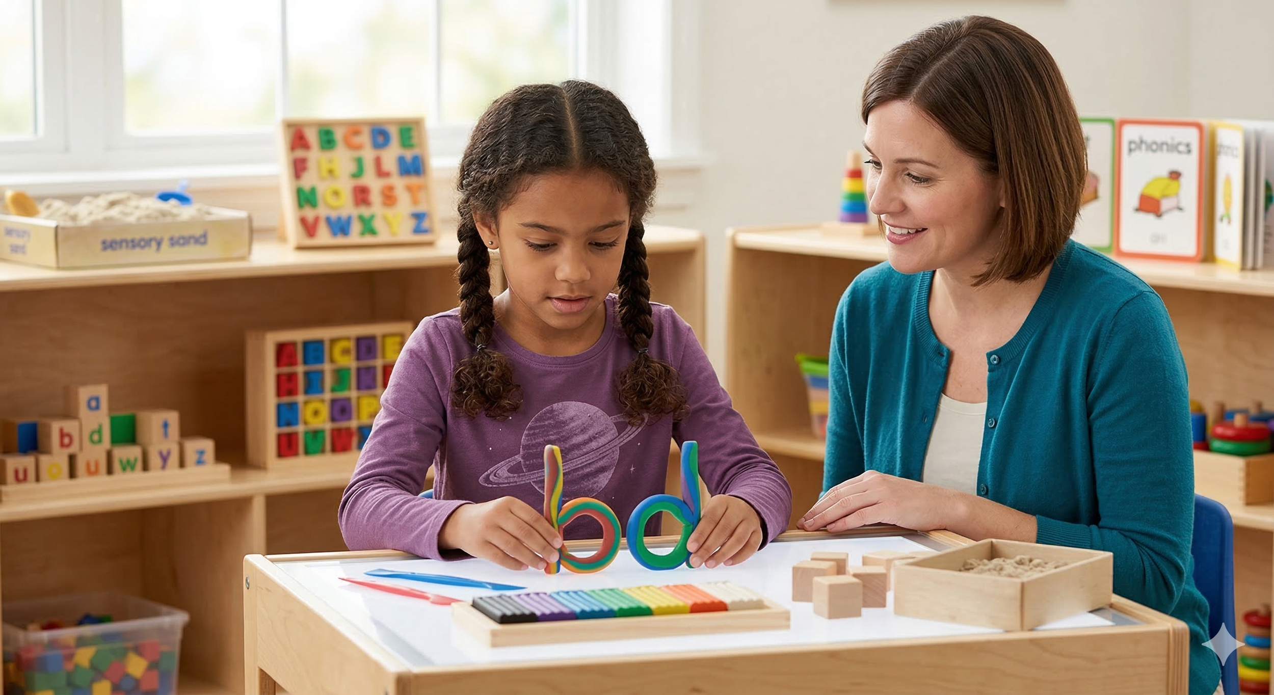 A young girl and an adult woman playing with colorful building toys at a table in a classroom or learning environment.