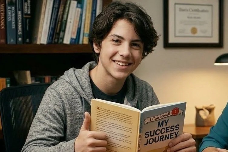 A young man with curly hair smiling at the camera while holding a book titled "My Success Journey" in a library or study room.