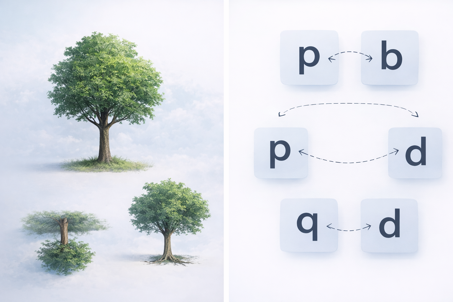 Three trees of different sizes and shapes on the left, and a diagram showing letter pairs with arrows indicating how to switch between 'p' and 'b' and between 'q' and 'd' on the right.