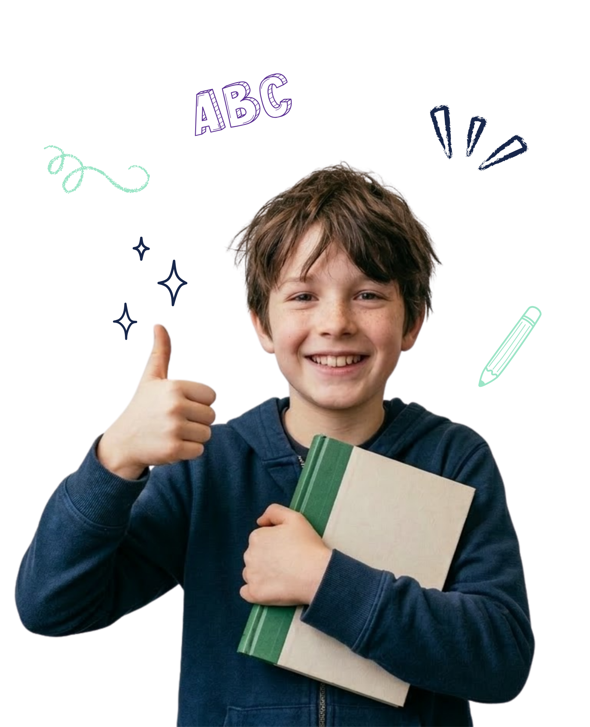 A smiling young boy holding two books, one with a green cover and the other with a plain cover, while giving a thumbs-up.