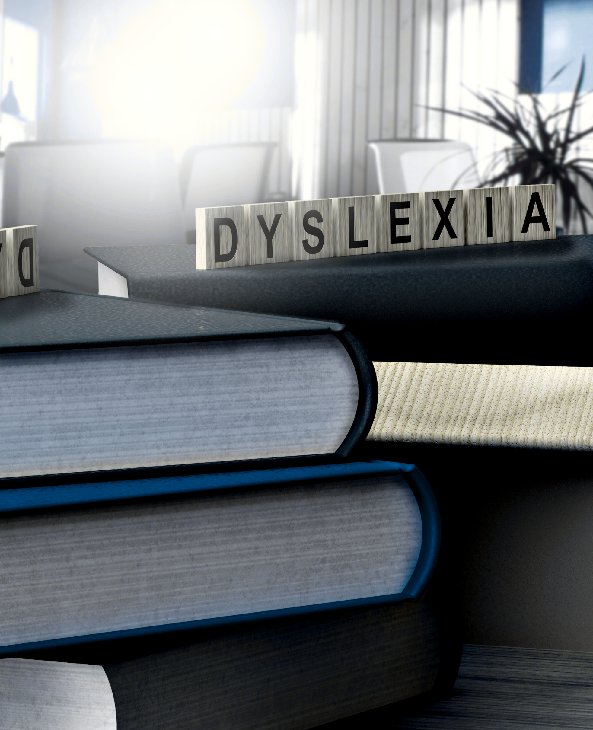 Close-up of wooden letter tiles spelling out 'DYSLEXIA' on a dark surface, with a blurred background of stacked books.
