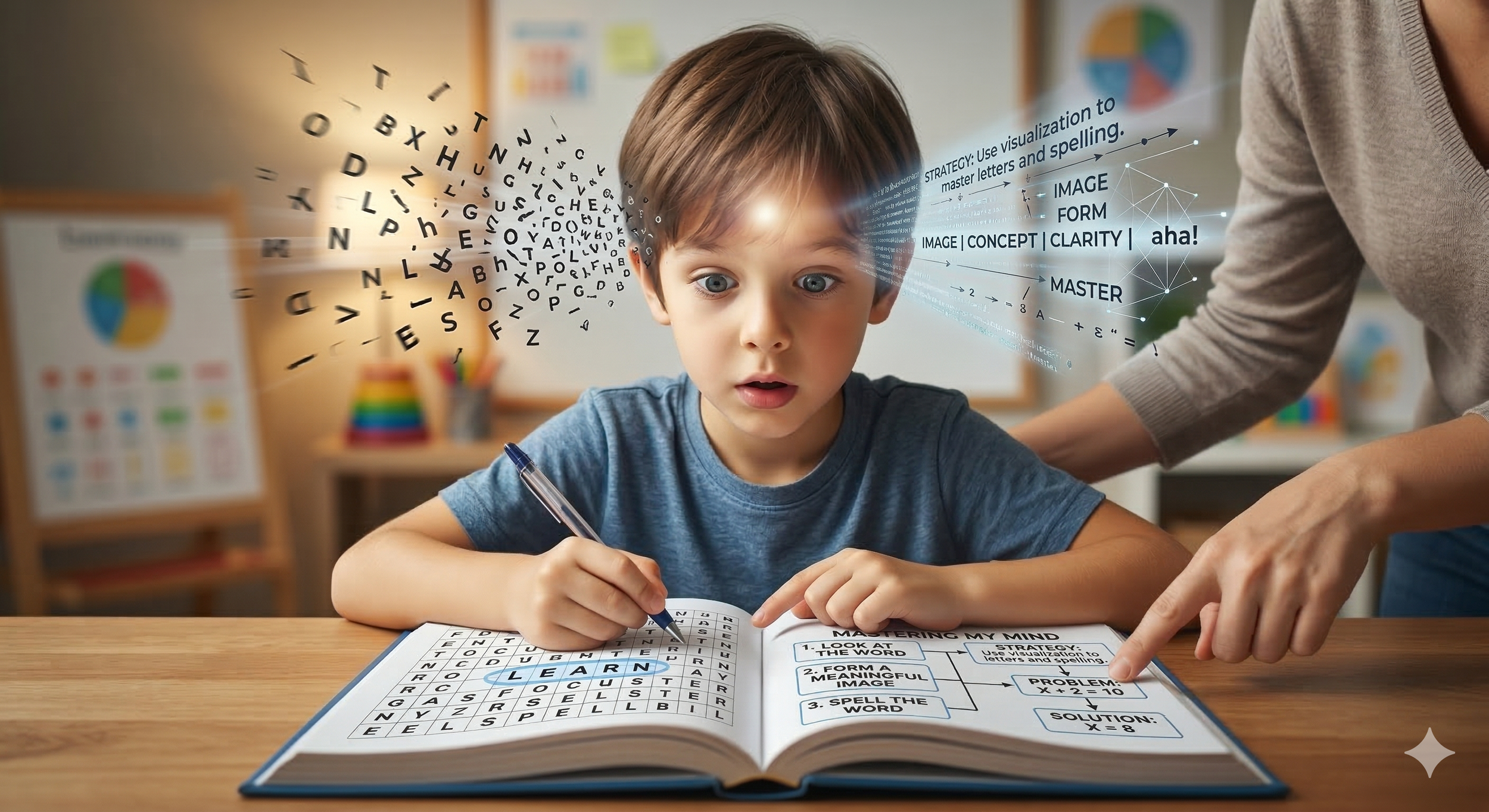 A young boy with blue eyes and brown hair working on a word search puzzle in a classroom, with a teacher or adult assisting. Holographic digital graphics with letters, words, and educational strategies are overlaid in front of him.