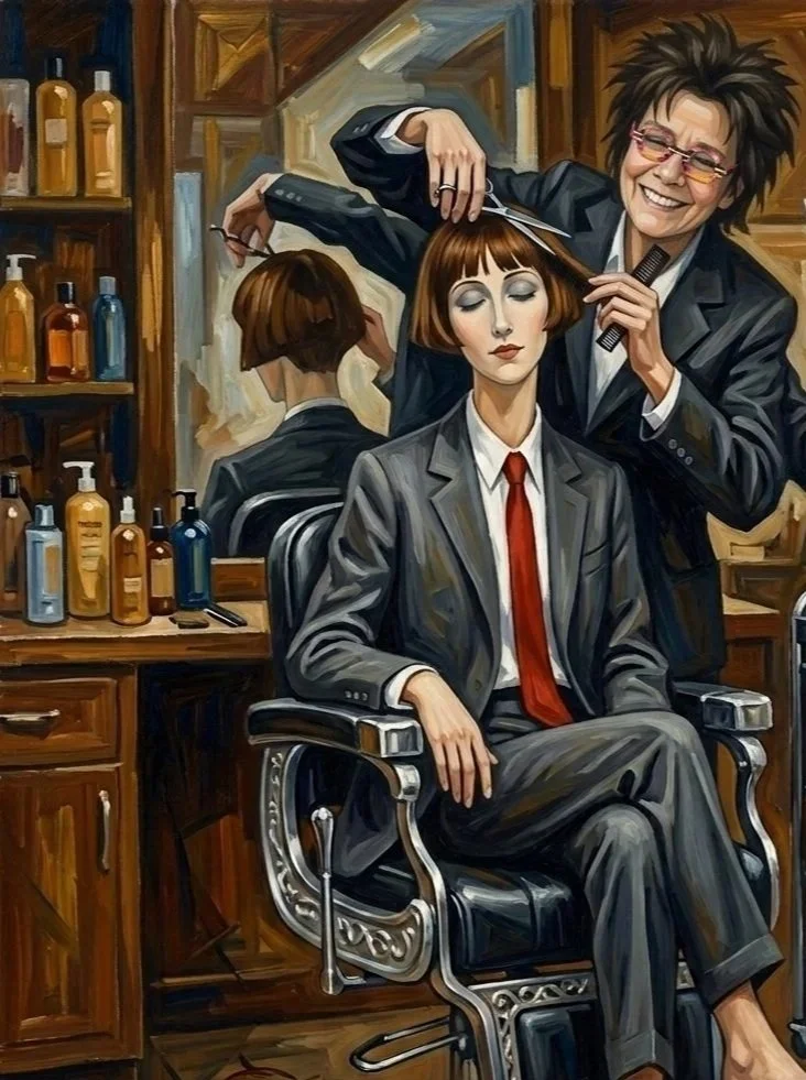 A cartoon rendering of woman with short brown hair in a gray suit is sitting in a salon chair with her eyes closed, getting a haircut from a stylist. The stylist, with great hair and glasses, is smiling while using scissors. 