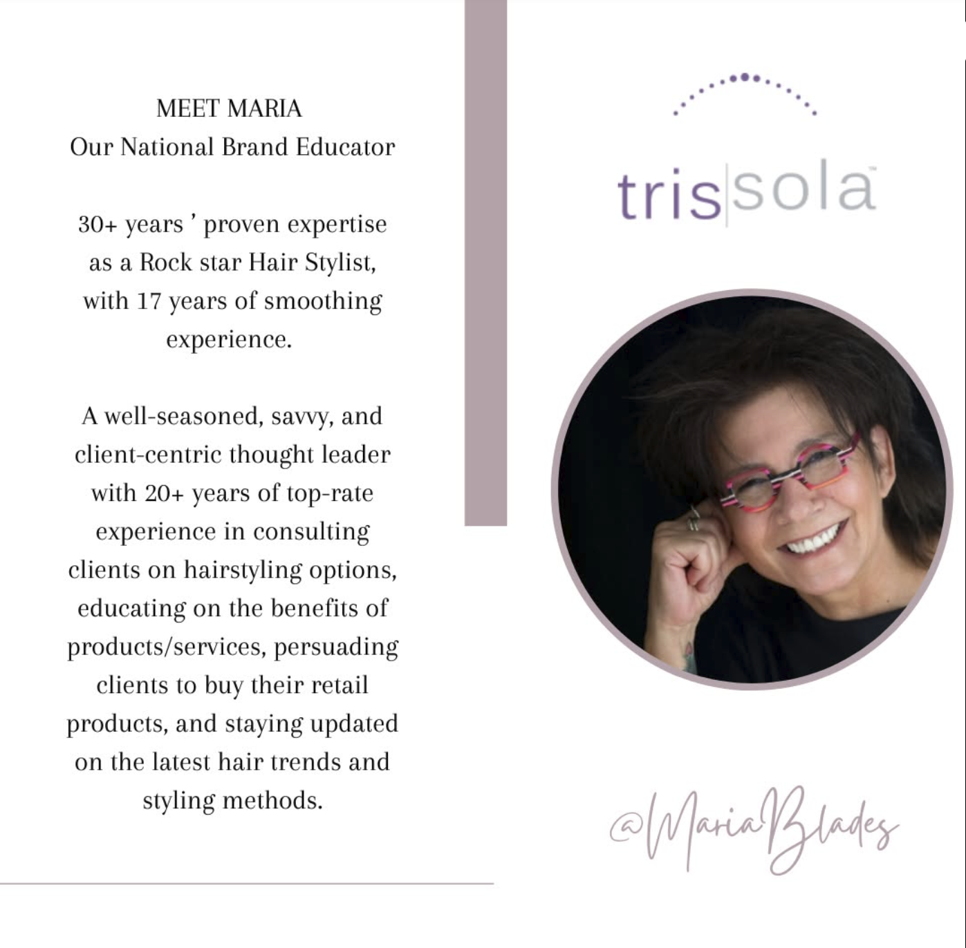 A promotional flyer introducing Maria, a professional hair stylist with over 30 years of experience, known as a rock star hair stylist and brand educator, featuring a photo of her smiling with glasses and short dark hair.