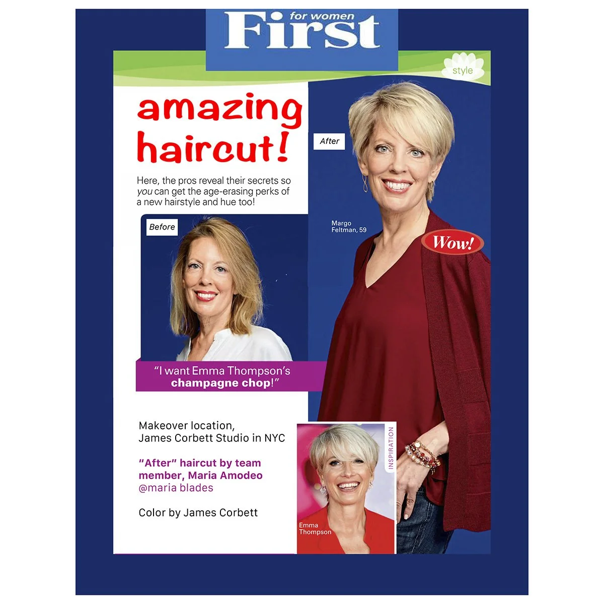 Magazine cover featuring a before-and-after hairstyle transformation. The before photo shows her with shoulder-length blonde hair, and the after photo shows her with a short, platinum blonde hairstyle. The cover highlights an amazing haircut and make