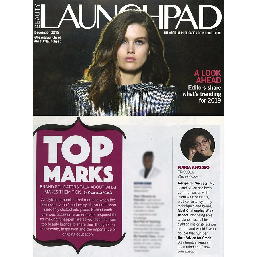 Cover of LaunchPad magazine, December 2018 issue, featuring a woman with long brown hair and serious expression, wearing a metallic top, with headlines about beauty trends, top makeup brands, and a profile of Maria Amodeo.