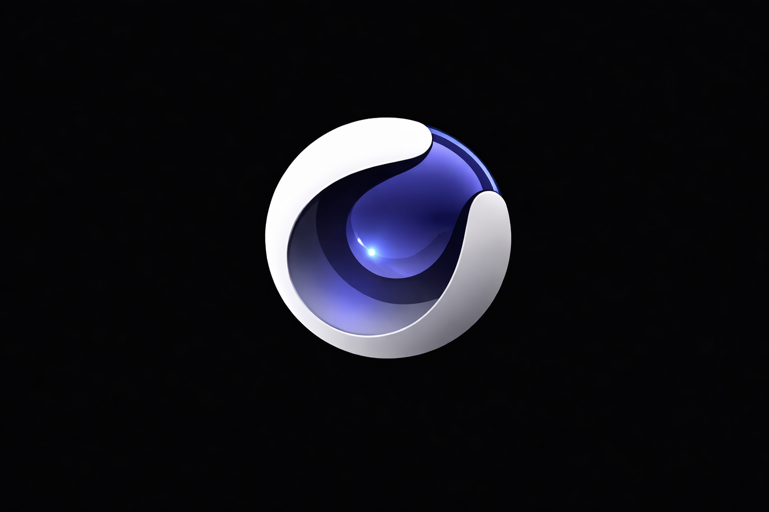 A digital logo consisting of a blue sphere surrounded by a white crescent shape, set against a black background.