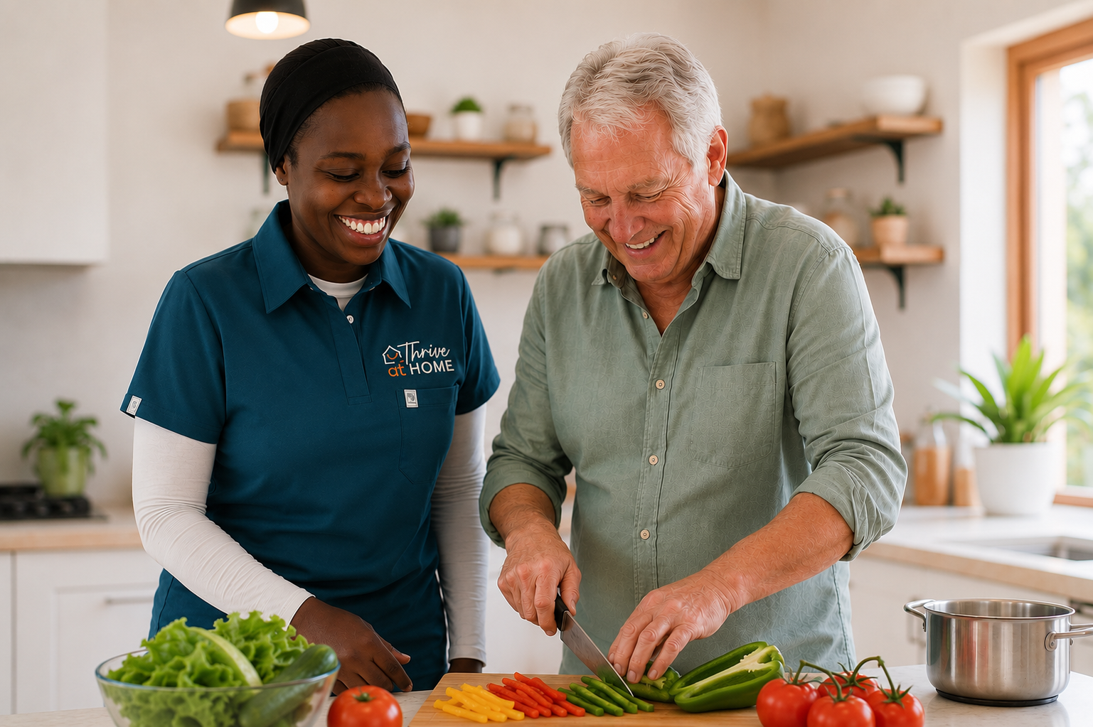 Thrive at Home carer, Indie, helping an older man prepare a healthy meal at home in Cape Town.