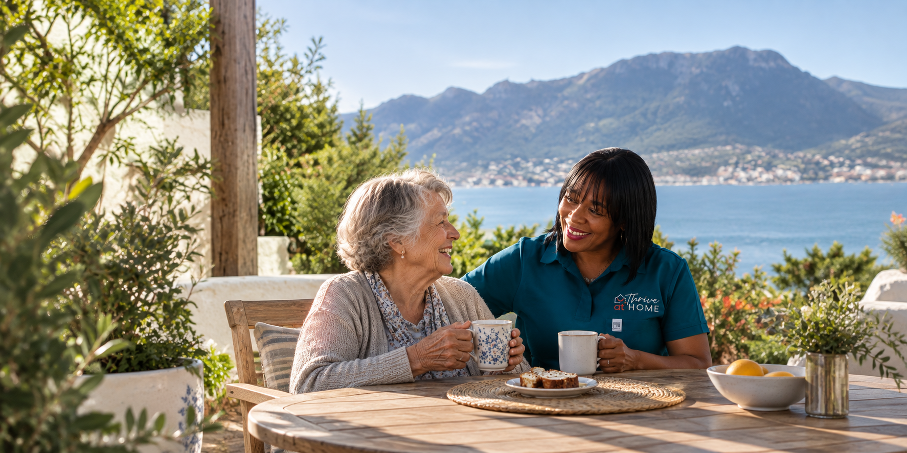 An elderly woman and a caregiver smiling and talking while sitting at a wooden table outdoors with mountains and a lake in the background, enjoying coffee and snacks.