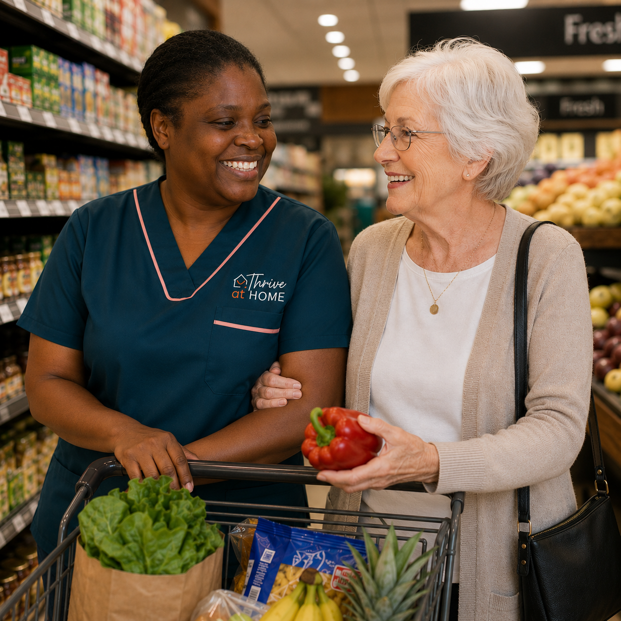 Thrive at Home carer, Blessing, providing shopping and transport assistance to an older woman in Cape Town.