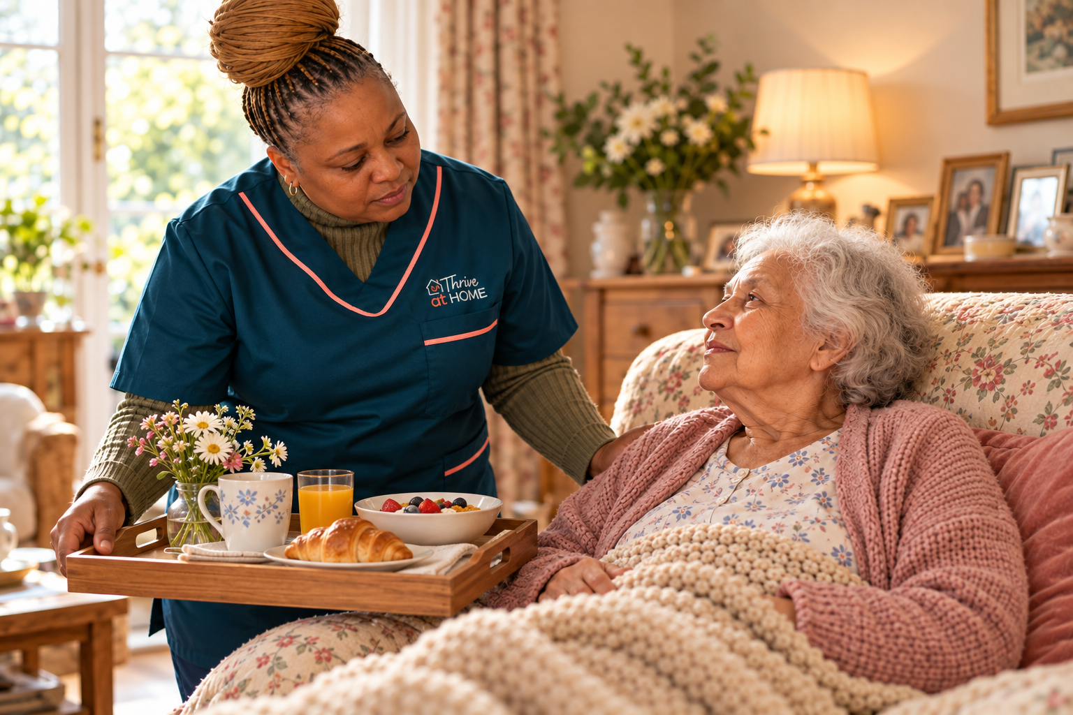 Thrive at Home carer providing attentive support to an older woman at home.