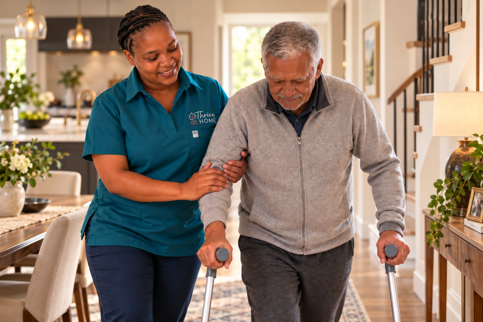 Thrive at Home carer supporting an older man with mobility and recovery at home.