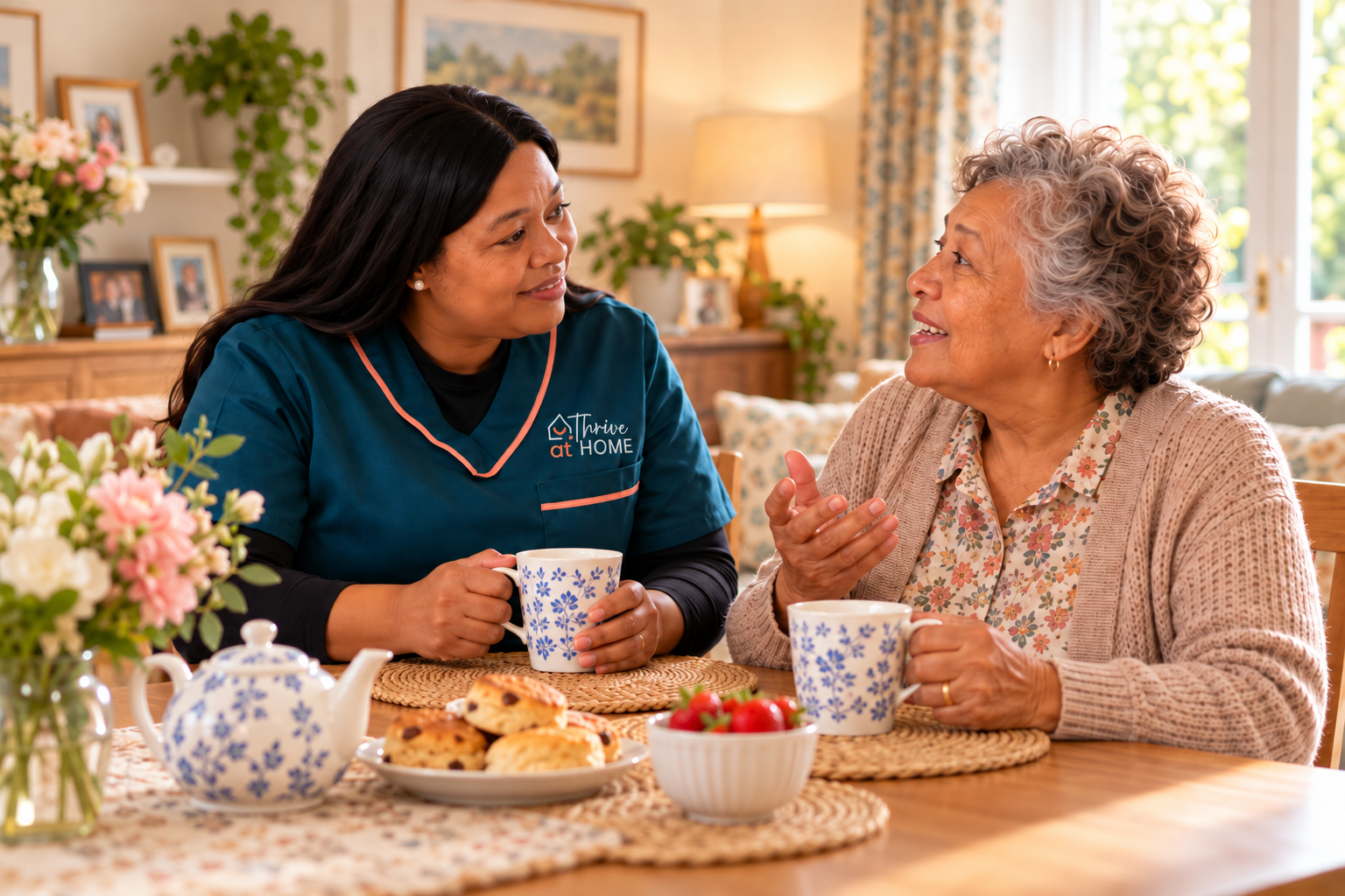 Thrive at Home carer sharing conversation and companionship with an older woman at home.