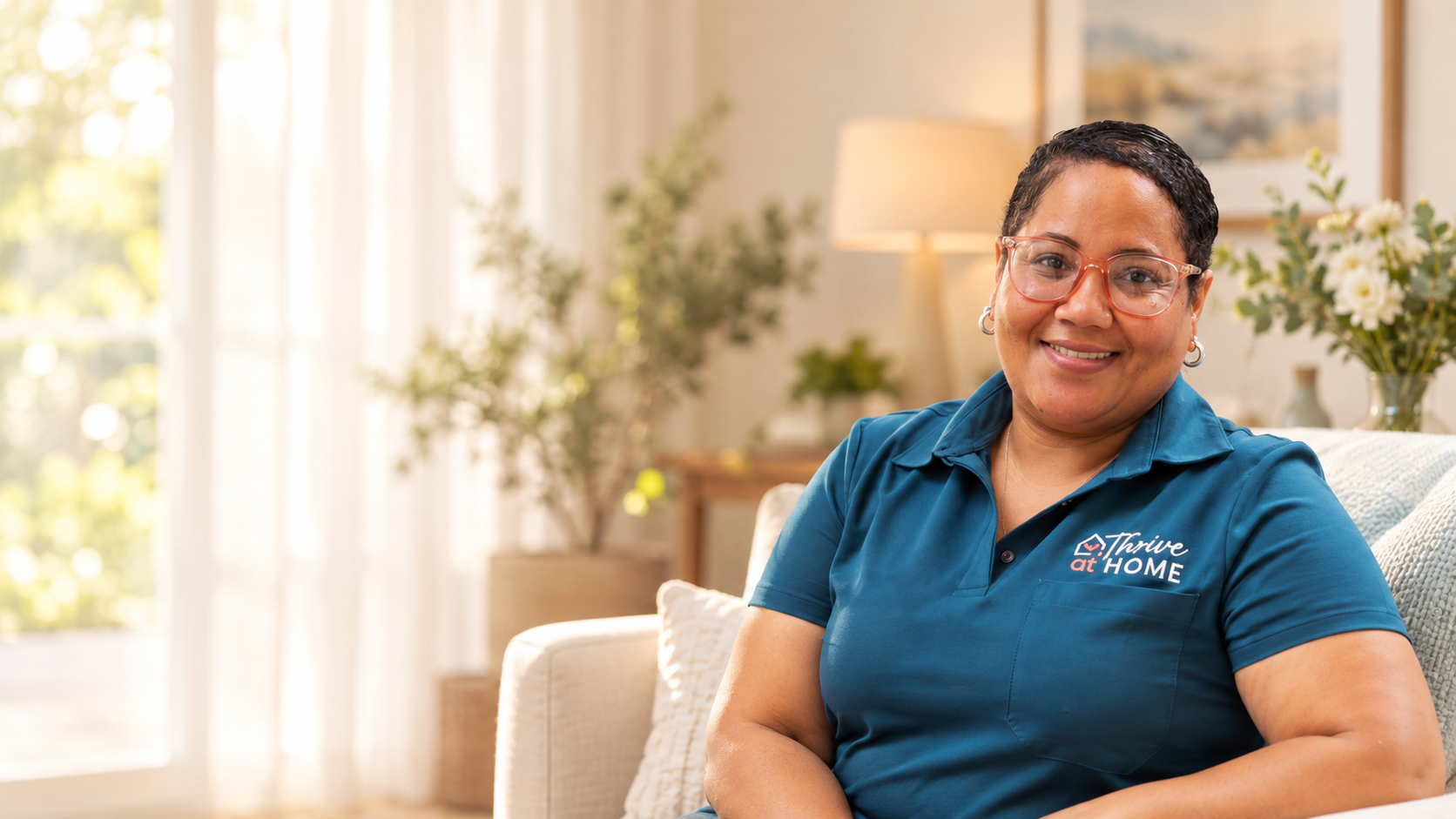 Thrive at Home carer in a welcoming home, representing personalised home care and support.