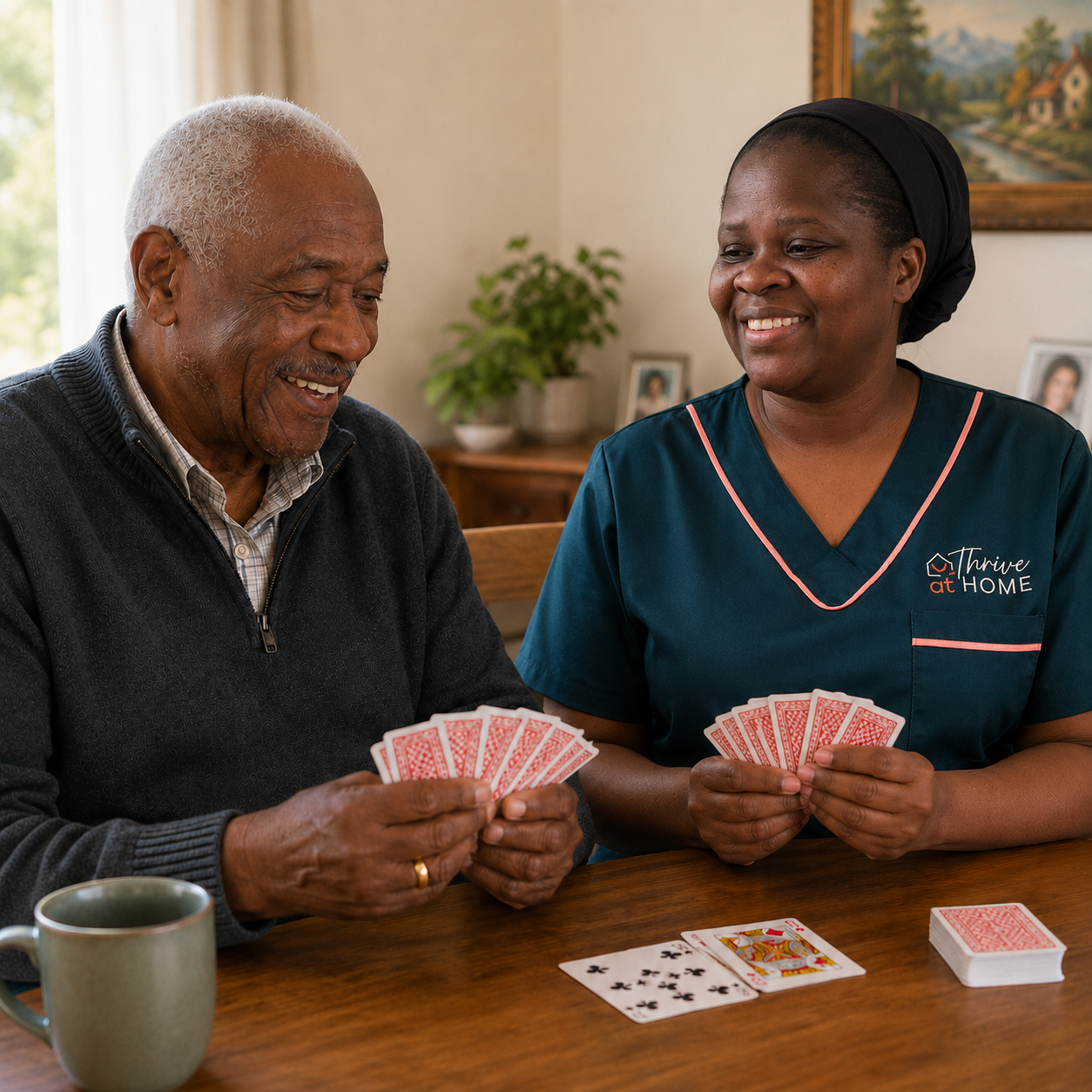 Thrive at Home carer, Seneh, playing cards with an older man in his home.