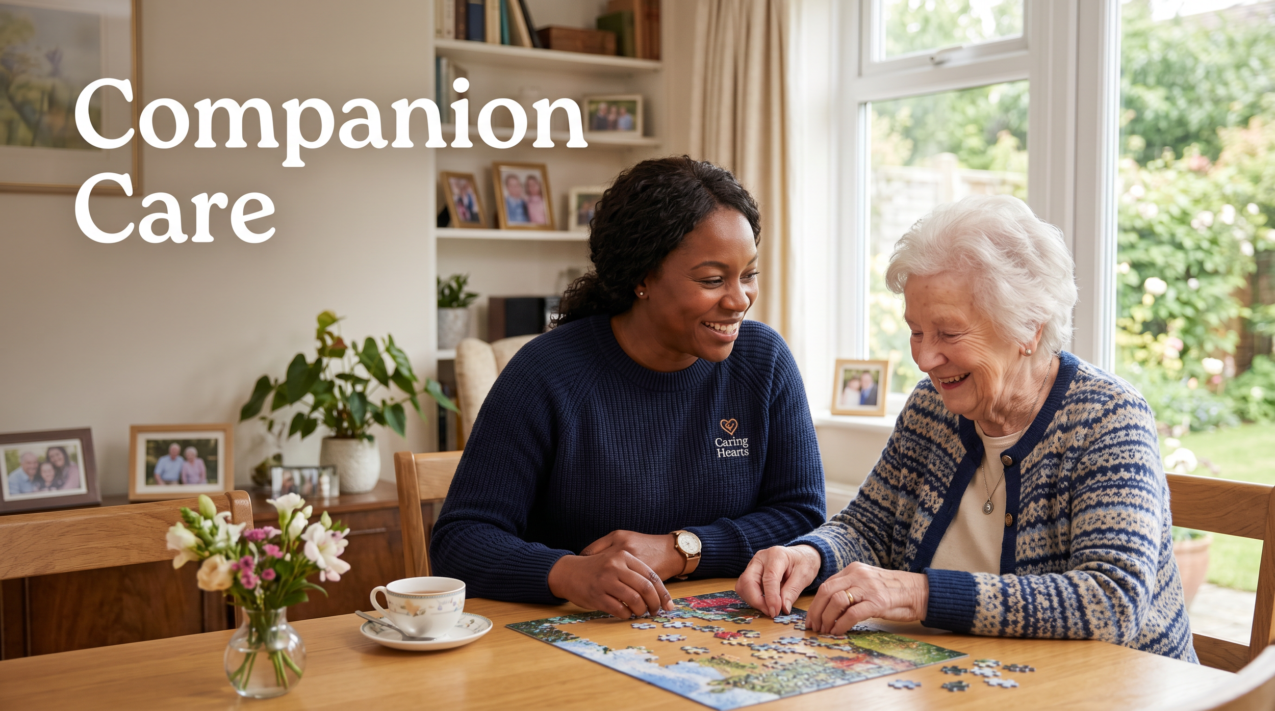 Carer supporting cognitive engagement and companionship through meaningful daily activities.