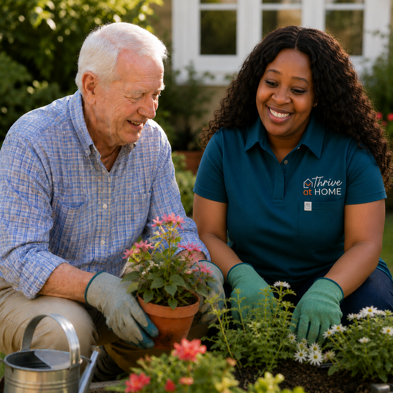 Thrive at Home carer, Phumza, helping an older man enjoy gardening and remain active and independent at home.