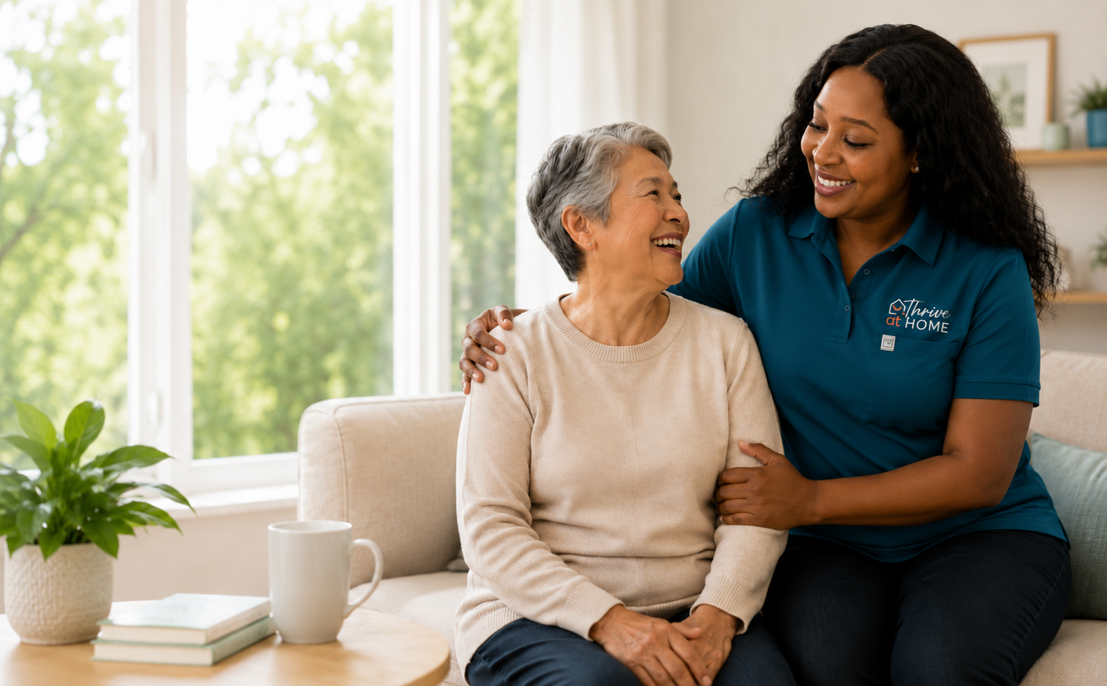 Thrive at Home carer, Phumza, providing compassionate home care to an older woman in Cape Town.