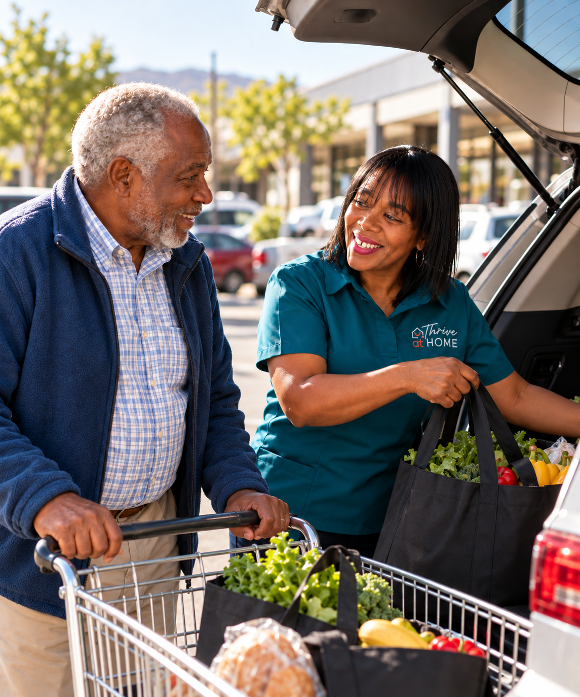 Thrive at Home carer helping an older man with shopping and transport assistance.