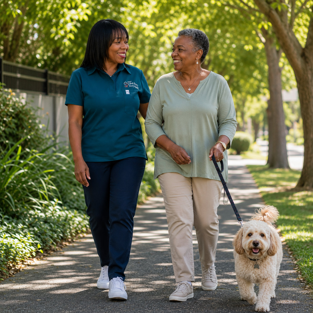 Thrive at Home carer, Brenda, providing companionship and walking support to an older woman in Cape Town.