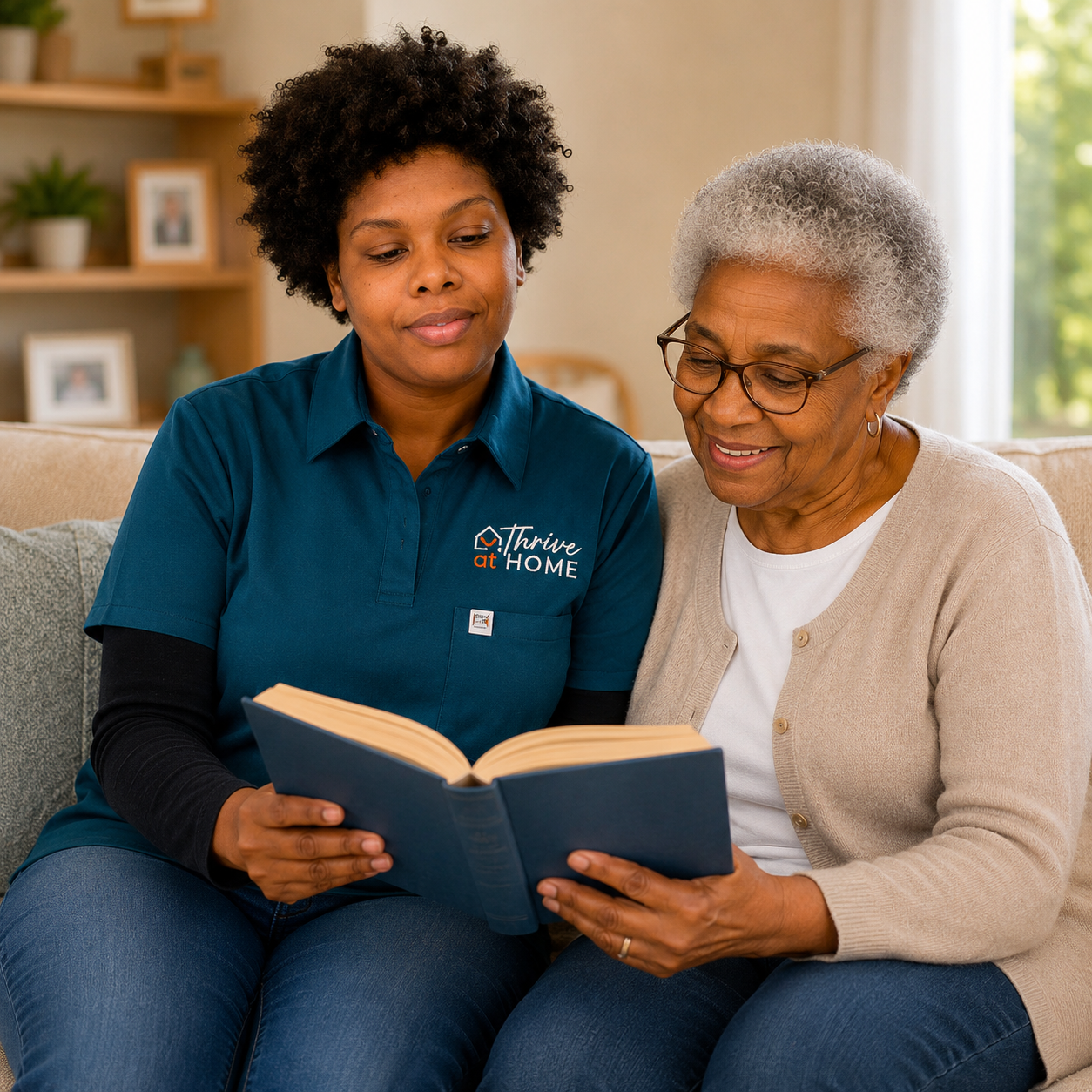 Thrive at Home carer, Samantha, reading with an older woman as part of personalised companion care at home.