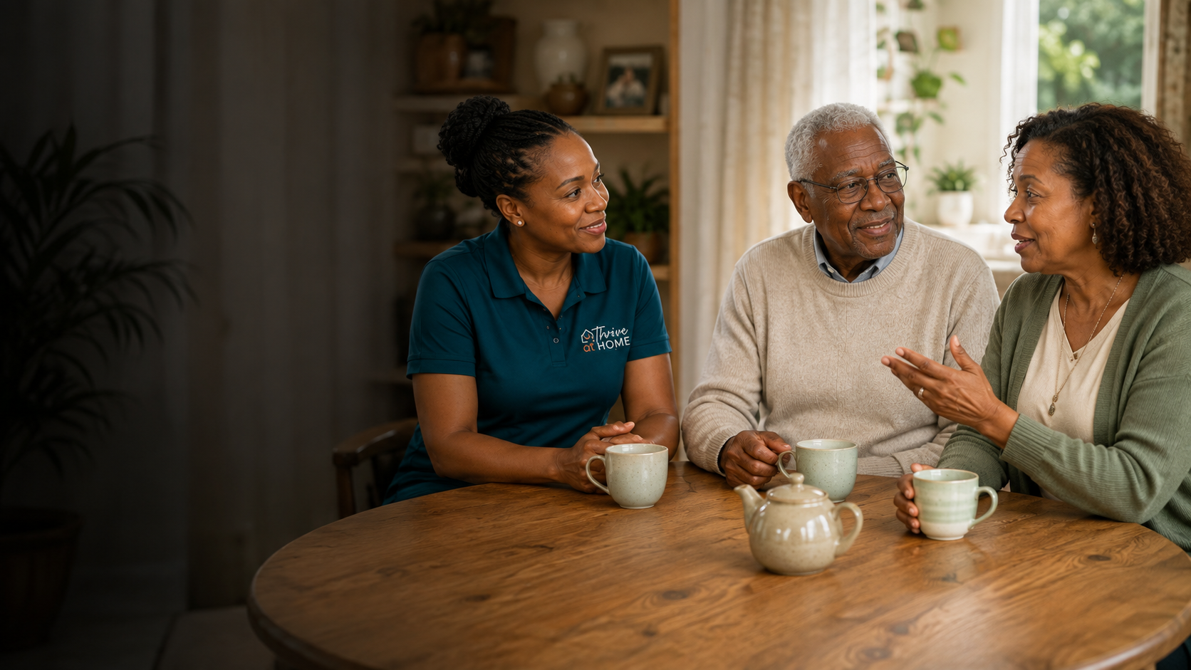 Older couple enjoying tea and conversation at home with a Thrive at Home carer.