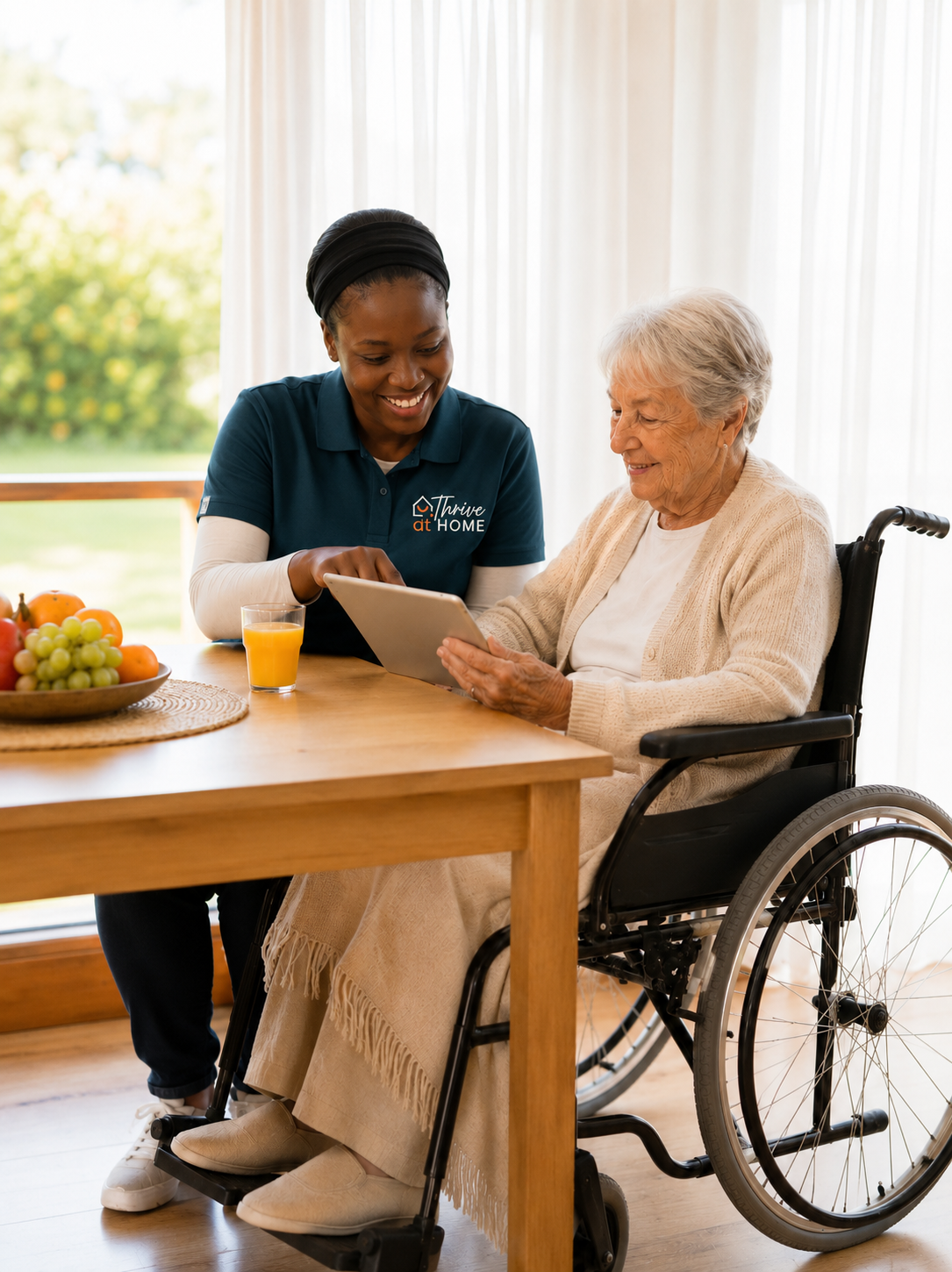 Thrive at Home carer, Indie, helping an older woman in a wheelchair use a tablet at home.