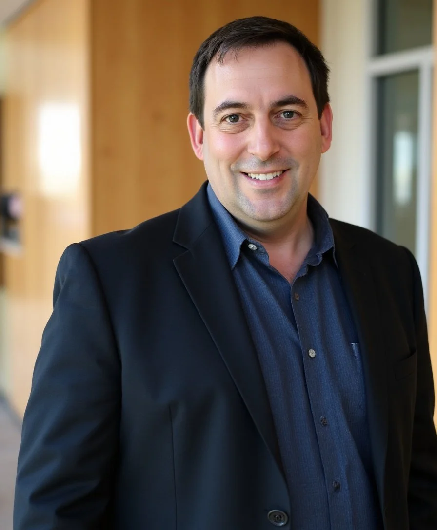 A man in a dark blazer and blue shirt smiling at the camera indoors.