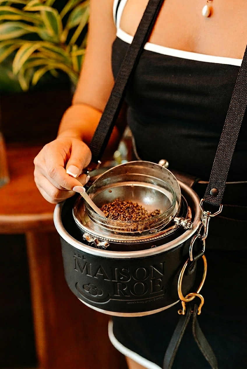 Person roasting coffee beans in a Maison Rœle coffee roaster, with a small scoop stirring the beans.