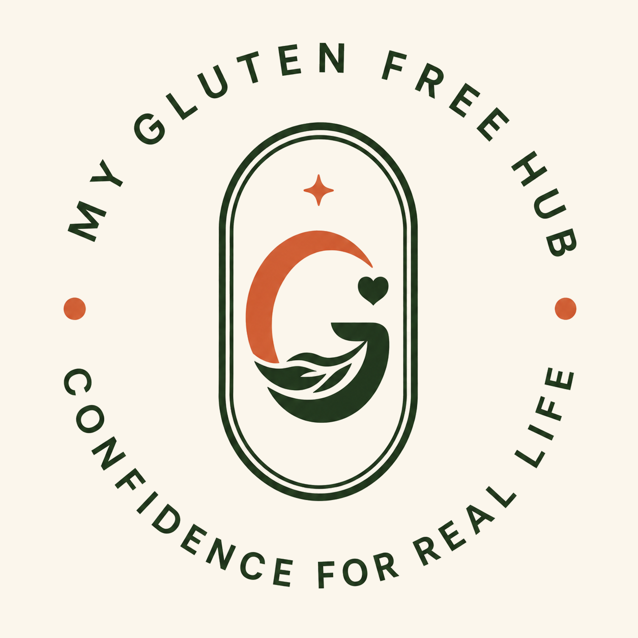 Logo for 'My Gluten Free Hub' featuring a stylized moon, leaf, star, and heart design, with the text 'Confidence for Real Life'.
