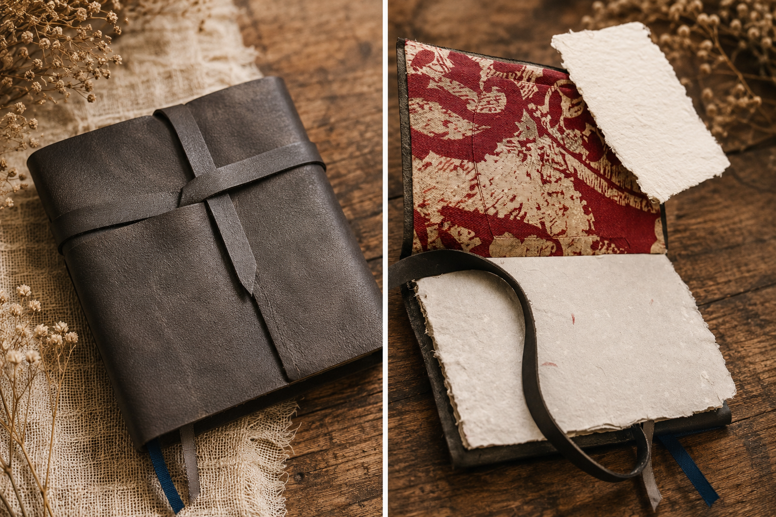 Handmade memorial journal created using a loved one’s favorite shirt and handcrafted paper.